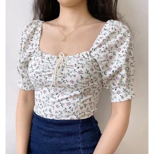 Sweet Floral Print Shirt Women Sexy Square Collar Short Puff Sleeve Vintage Summer Shirts 2021