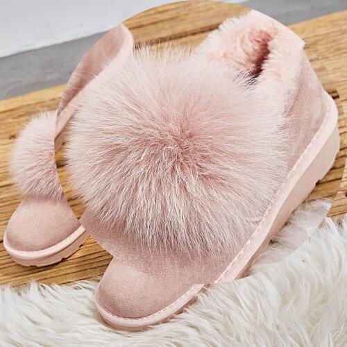 2020 Lovely Ankle Boot Genuine Leather Snow Boots Fox Fur Ball Boots Womens Shoes Flat Cotton Warm Shoes