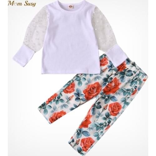 Fashion Baby Girl Clothes Set Lace Tshirt+Floral Pant 2pcs Infant Toddler Child Puff Sleeve Clothing Set Baby Clothes 1-7Y