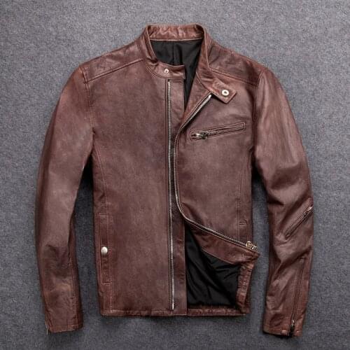 GU.SEEMIO Mens Genuine Leather Jacket 100% Sheepskin With Vegetable Tanning Vintage Cool Motorcycle Jacket Stand Collar