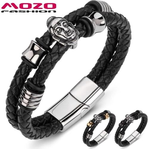 Men Bracelet Braided Genuine Leather Stainless Steel Punk Western Buddhism Jewelry Bangle
