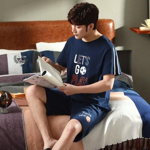 Letter&Cartoon Boy Man Pullover Short Sleeve Pants Pajama PURE Cotton Jammies O-Neck Home Casual Sleepwear Nightwear Pyjamas HDE