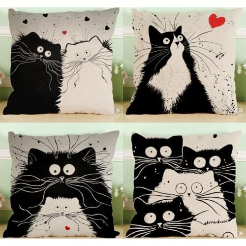 NEW Black & White Cartoon Painting Lovely Cat Cushion Cover Modern Decorative Linen Throw Pillows Cover for Livingroom Sofa Car