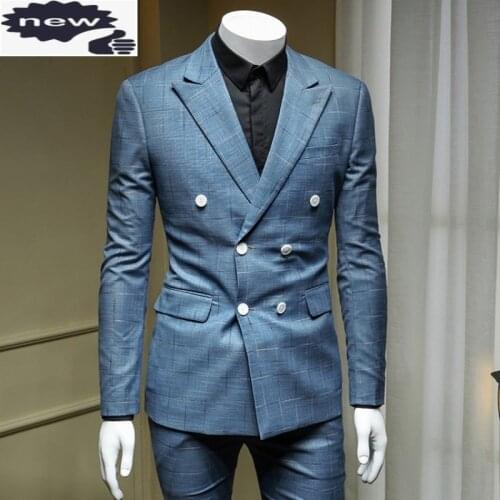 Office Business Formal Mens Set Double Breasted Blazer Slim Fit Pencil Pants Classic Plaid Suits Blue Groom Dress Suit Sets