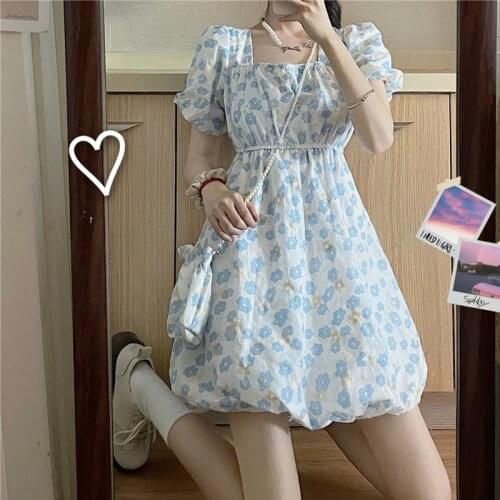French Sweet Fairy Puff Dress Summer Women Vintage Square Collar Short Sleeve High Waist Dress Vestidos Girly Lace Flower Dress