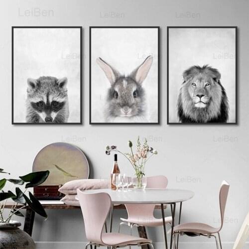 Nordic Animals Simple Black and White Canvas Painting Lion Rabbit Art Posters and Prints Home Decoration Kids Childrens Room