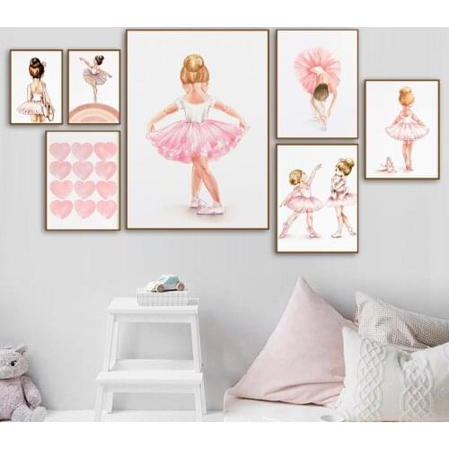 Pink Posters In Nursery Ballet Girl Canvas Painting Shoes Princess Crown Love Wall Art Pictures for Baby Kids Room Dance Studio