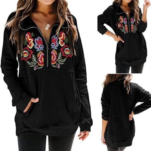 Hoodie Women 2021 New Fashion Hot Style Flower Embroidery Half Zipper Collar Long Fleece Female Pocket Sweatshirt YDJR9956