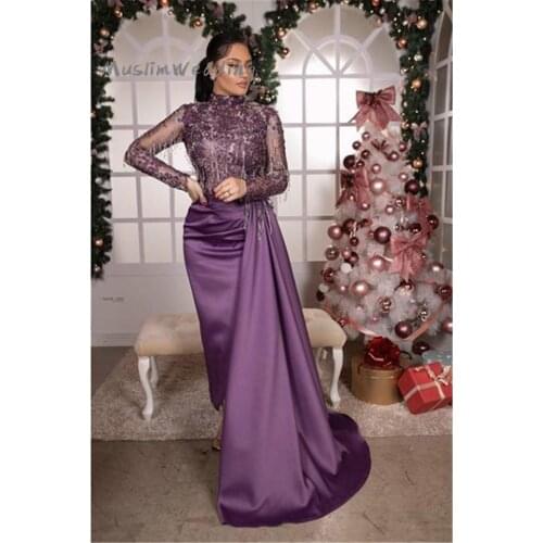 Gorgeous Purple Mermaid Prom Dress With Beaded Long Sleeve High Neck African Prom Gown With Train Silk Satin Formal Party Gowns