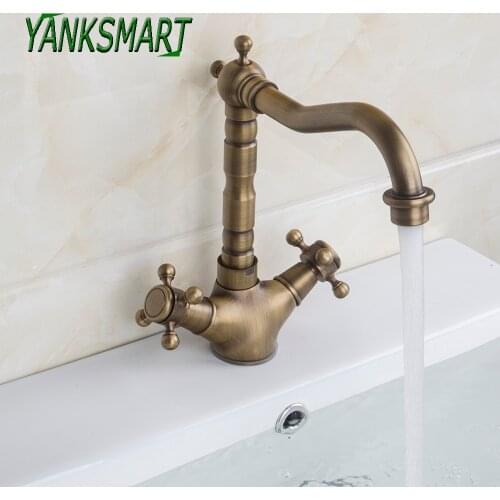 YANKSMART Deck Mounted Bathroom Faucet Dual Cross Handles 360 Swivel Basin Sink Antique Brass Kitchen Faucets Mixer Water Tap