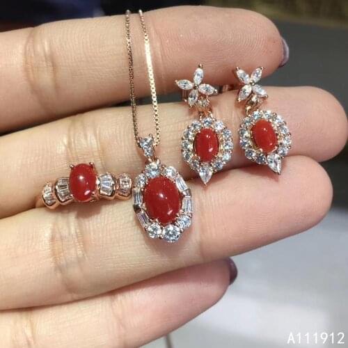 KJJEAXCMY fine jewelry natural red coral 925 sterling silver women pendant necklace chain earrings ring set support test trendy