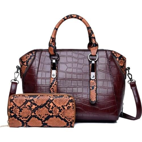 2020 new Hot 2 Pcs/Set Women OL Office Handbag Crocodile Composite Bag Vintage PU Leather Lady Messenger Shoulder bags Handbags