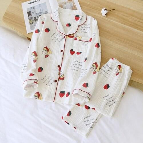 Spring Strawberry Women Pajamas Cotton Crepe Cartoon Sleepwear Long Sleeve Casual Loose Lounge Wear 2 Piece Home Clothing 2020