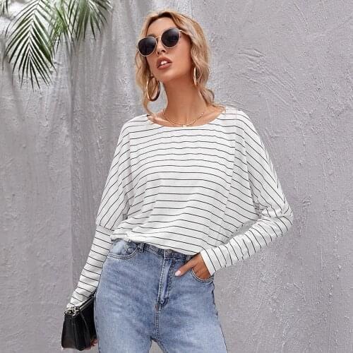 Tops Women 2021 Loose Woman Tshirts Fashion Striped O-Neck Long Sleeve Casual Tee Tops Autumn New Bat sleeve Fashion T Shirts