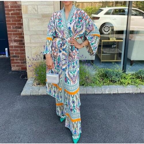 XEASY New Summer Women Vintage Two-Piece Set Beach Style Print V- Neck Belt Long Shirt Elastic High Waist Casual Pants Sets