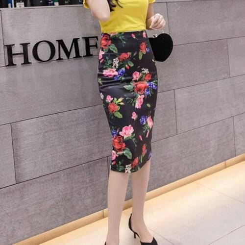 2020 Casual High Waist Vintage Elegant Bodycon Floral Print Midi Skirt elastic black pencil slit office skirts womens C512