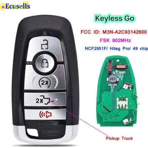 5 Button Keyless-Go Smart Remote Key FSK 902MHz NCF2951F/HITAG PRO/49 Chip for Ford (Pickup Truck) FCC ID: M3N-A2C93142600 HU101