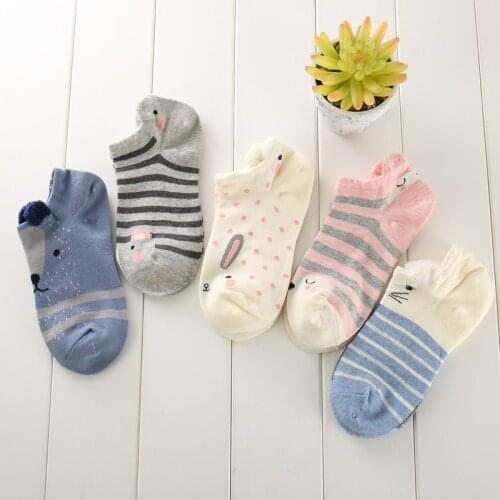 5 Pairs /set Women Boat Socks Candy Color Kawaii Cartoon Pattern Cotton Soft Socks for Girls Invisible No Show Socks