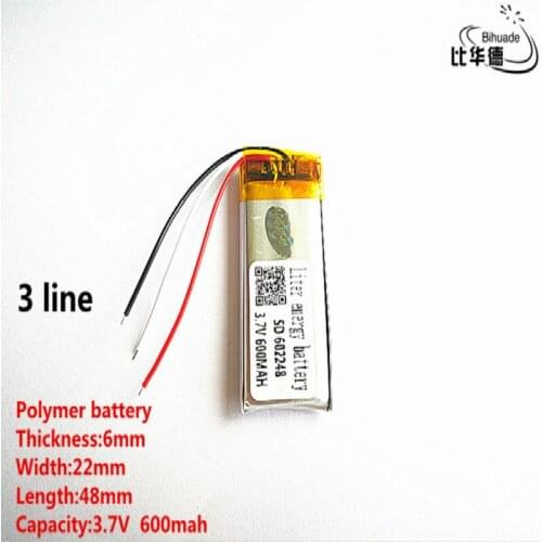 5pcs/lot 3 line Good Qulity 3.7V,600mAH,602248 Polymer lithium ion / Li-ion battery for TOY,POWER BANK,GPS,mp3,mp4