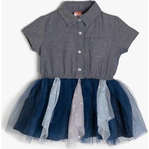 Blue Girl Baby Tütü Futher Jean Dress Mini Short Sleeve Shirt Collar