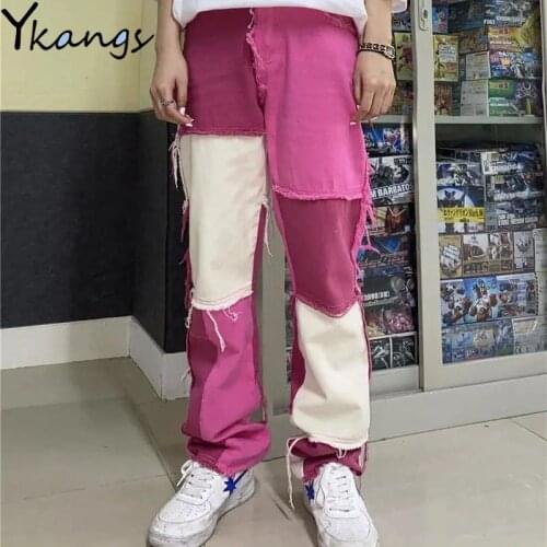 Korean Pink Straight Patchwork Cargo Jeans Woman Hip Hop Streetwear Baggy Denim Pants Female Elastic High Waist Women Jeans 2021