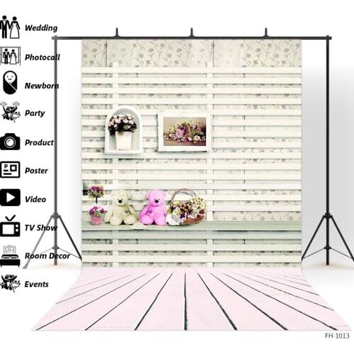 Birthday Party Wooden Photo Wall Banner Backgrounds Flowers Bear Toy Baby Portrait Photography Backdrops Photozone Photo Studio