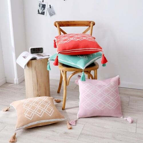 Cotton Knit Cushion cover Ethnic Style Tassels Square Pillow cover for Home Decoration 45x45cm Orange Red Pink Mint Coffee