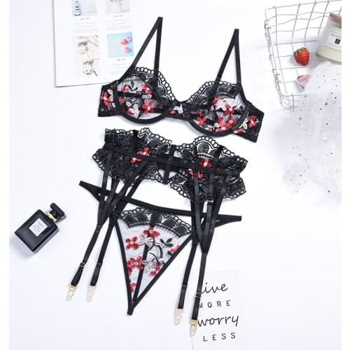 3-piece Transparent Embroidery Lace Bra Panty Garter Belt Set Underwire Floral Mesh Bra Thong Sexy Underwear Set Babydoll
