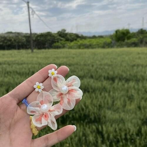 Korean Fashion Fabric Flower Pearl Dangle Earring for Women Girls Exquisite Pink Gradient Color Earring Jewelry Pendientes