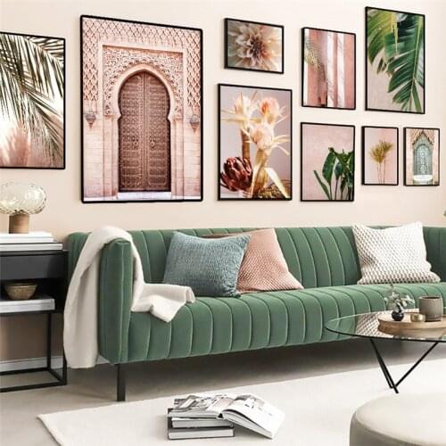 Moroccan Door Wall Art Pink Flowers Canvas Painting Plant Leaves Poster Print Nordic Decorative Picture Modern Home Decor