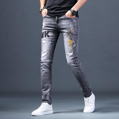 Fashion 2021 Mens Brand Ripped Embroidered Jeans Mens Summer Thin Slim Fit Feet Straight Smoke Gray Casual Long pencil Pants