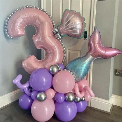 50pcs Mermaid Theme Number Balloon Kit Purple Pink Tail Shell Foil Latex Ball For Girls'Birthday Babyshower Ocean Party Decor