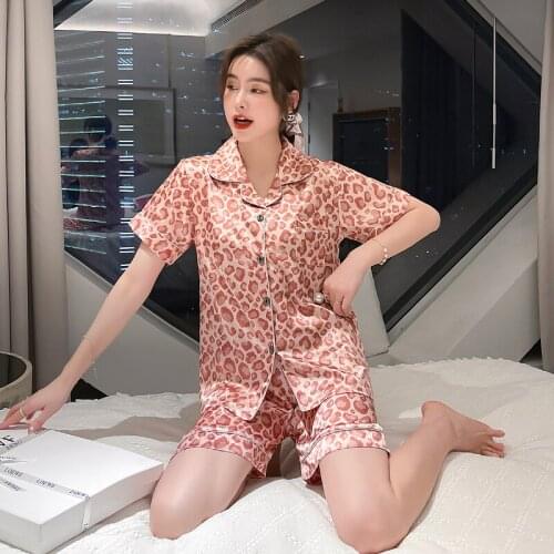 New Pink Leopard Grain Nightwear Women Silk Satin Pajamas Set Sexy Pjs Sleepwear Womens Summer Soft Female Party Homewear 2xl