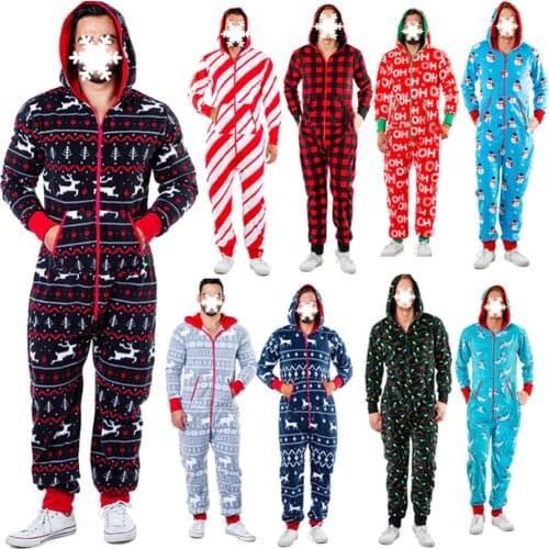 Autumn Winter Men Warm Christmas Elk Snowman Print Long Sleeve Pajamas Jumpsuit Leisure Cotton Sleepwear Soft Home Clothes