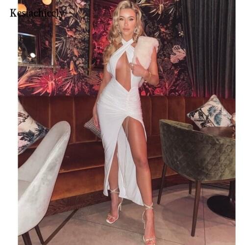 Kesiachiccly Halter Backless Sexy Summer Dress Women Sleeveless Spilt Long Dresses Ladies Hollow Out Party Clubwear Vestidos