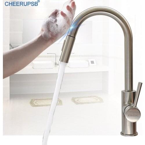 Kitchen Touch Sensor Faucets Flexible Pull Down Crane Deck Mount Hot Cold Mixer Stream Tap Inductive Senstive Faucets Round Tap