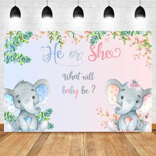 NeoBack Gender Reveal Photo Backdrop Newborn Baby Shower Background for Party Decoration Boy or Girl Elephant Banner Vinyl Cloth
