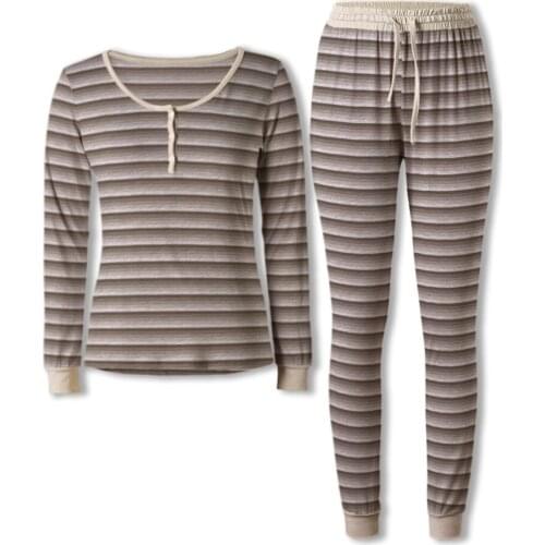 Ladies Stripe O-Neck Long Sleeve Tops Pyjamas Full Length Pants Pajama Sets
