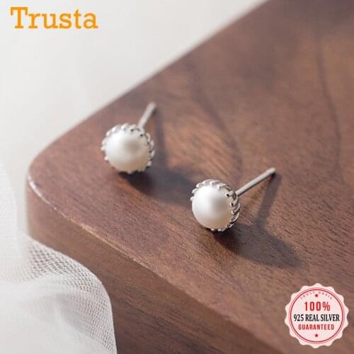 TrustDavis Real 925 Sterling Silver Fashion Temperament Sweet Round Pearl Stud Earrings For Women Party Fine S925 Jewelry DS1170
