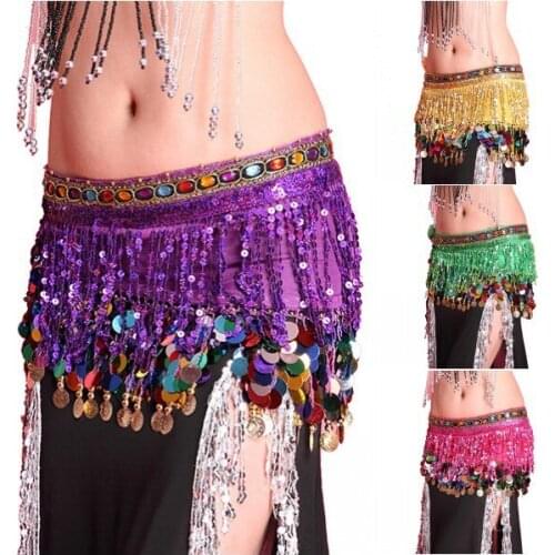 Multi Color Women Chiffon Belly Dance Hip Scarf Coin Sequin Belt Skirt Tassel Hip Wrap