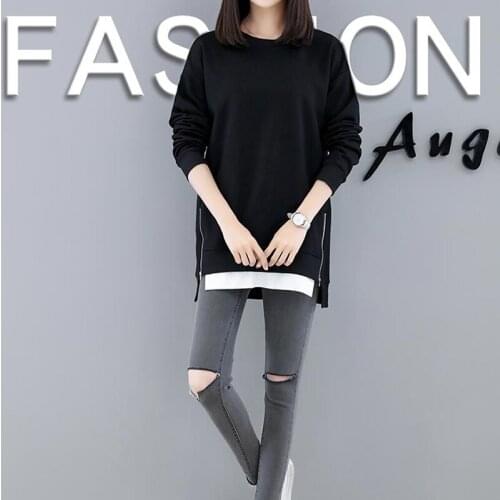 2021 Spring Large Size Loose Sweatshirt Female Long-Sleeved O-Neck Korean Long Black Clothes Women Side Zipper Splice Tops M-4XL