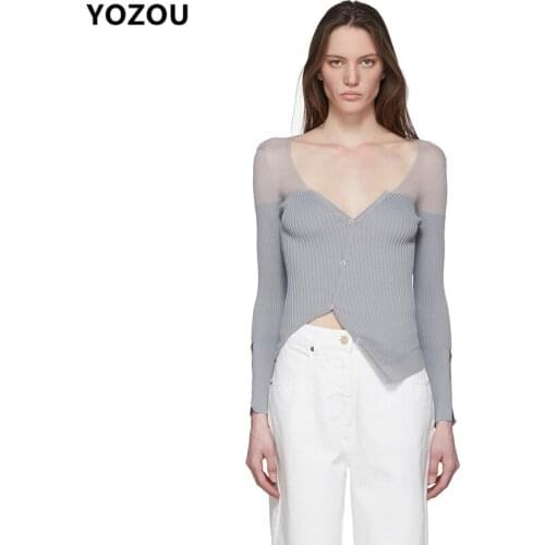 Women v-neck slim bodycon elegant fashion irregular flare sleeve single breasted knitted knitwear cardigan sweater for female