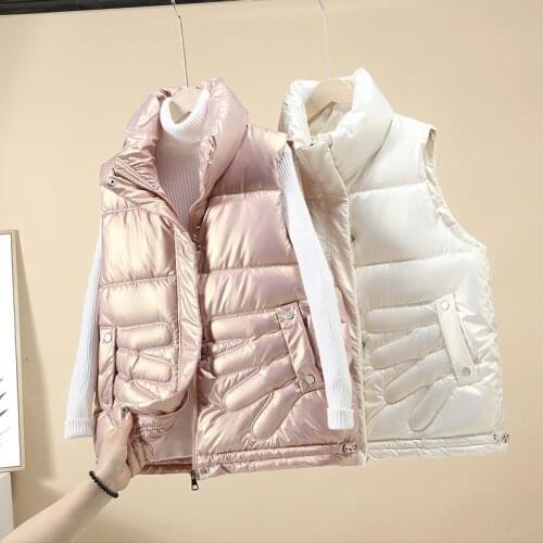 Ladies Waistcoat Female Solid Cotton Padded Vests Outwear Stand Collar Womans Glossy Jacket Vest Casual Loose Zipper Sleeveless
