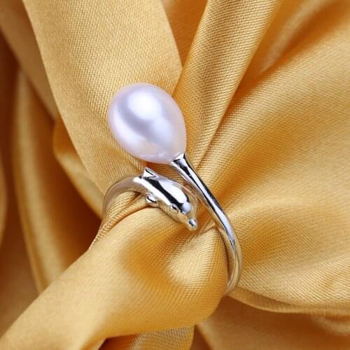 FENASY 925 Sterling Silver Rings For WomenNatural Freshwater Pearl dolphin white Pearl Female Cute Animal ring With Box