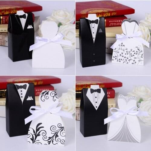100Pcs (50pairs) Tuxedo Dress Bride & Groom Wedding Favors Bomboniera Gift Boxes Ribbon Candy Boxes With Ribbons, 4 Patterns