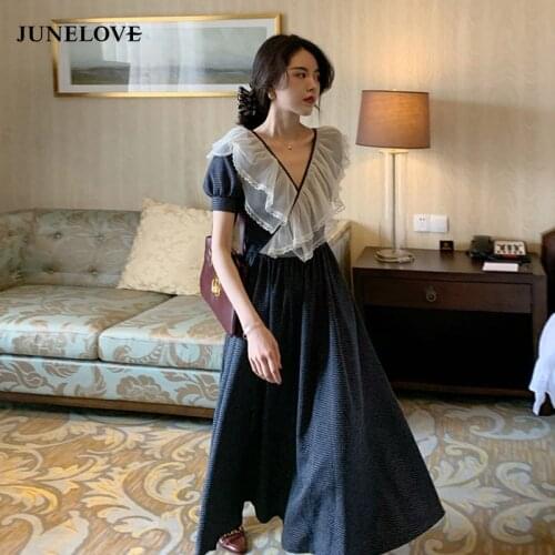 2020 New Chic V Neck Lace Patchwork Women Long Maxi Dress Sweet Party Puff Sleeve Dresses Korean Elegant Vestidos Femme