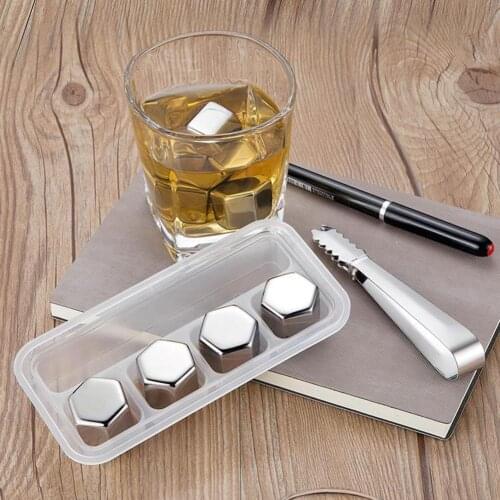 4Pcs Stainless Steel Hexagonal Ice Cubes Whiskey Wine Beer Drink Chilling Stones Ice Cube Maker Kitchen Accessories
