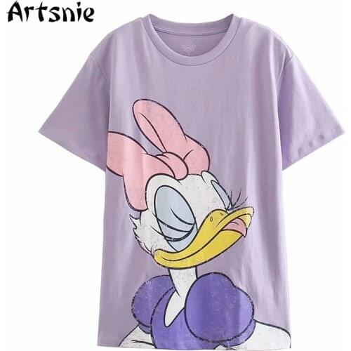 Artsnie Summer 2021 Disney Cartoon Print T Shirt Women O Neck Short Sleeve Tops Streetwear Casual Knitted Purple T-shirts Femme