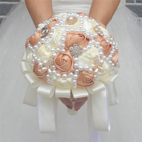 Satin Wedding Bridal Bouquets Wedding Supplies Artificial Flower Pearls Rhinestones Sweet 15 Quinceanera Bouquets W226