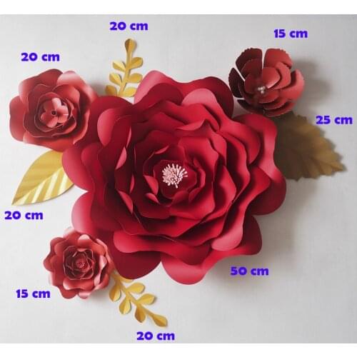 DIY RED Giant Paper Flowers Backdrop Artificial Flower 4PCS+Leaves 5PCS Christmas New Year Xmas Deco Decoration Video Mix